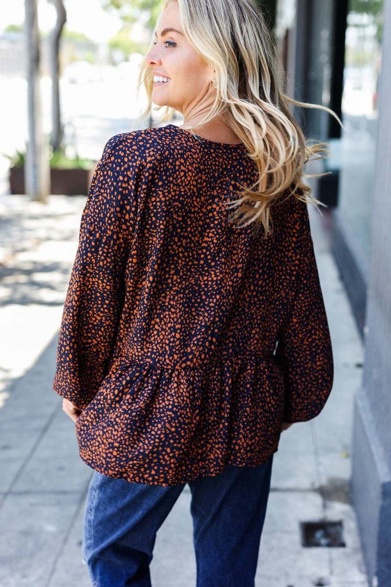 Navy & Rust Leopard Woven Babydoll Top