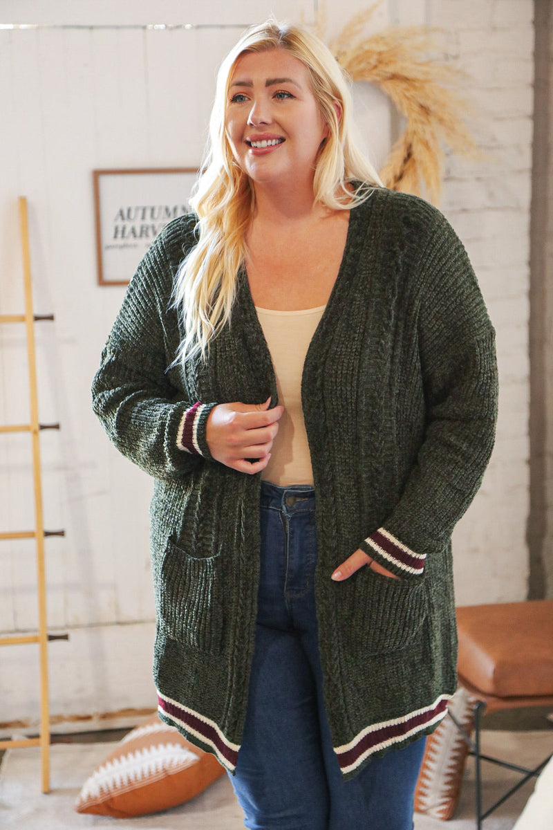 Forest Green Chenille Velvet Open Pocket Cardigan