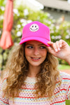 Neon Pink Glitter Smiley Face Mesh Trucker Hat