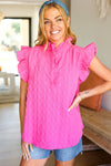 Glamorous In Hot Pink Textured Ruffle Mock Neck Top