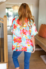 Weekend Ready Aqua & Coral Floral V Neck Woven Top