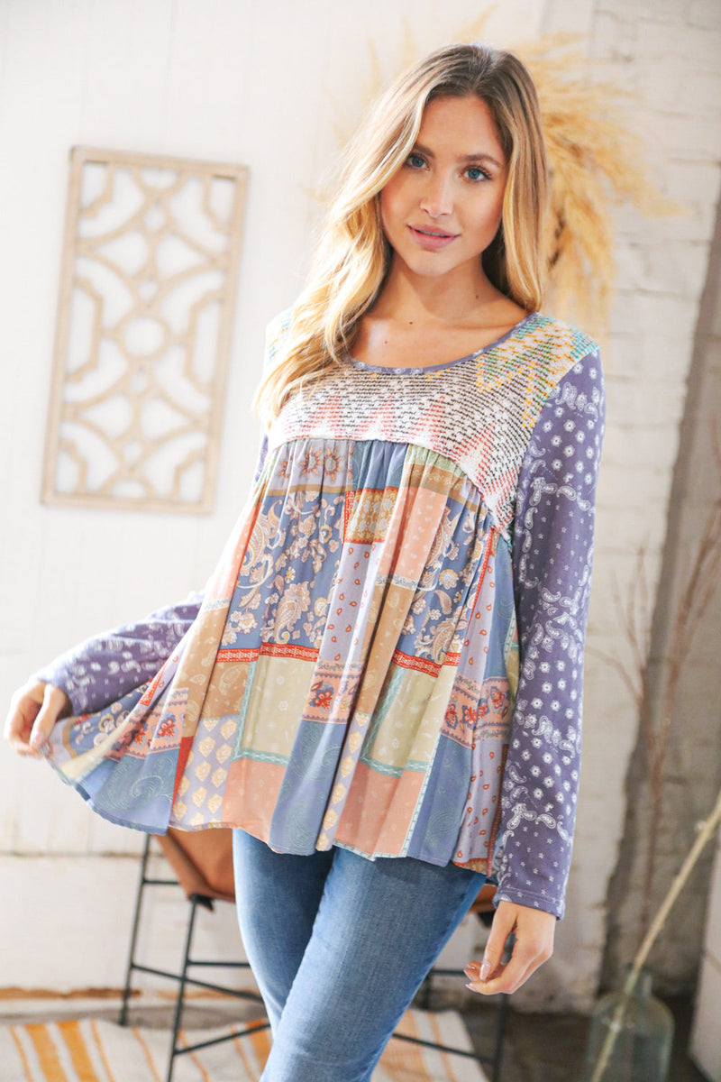 Lavender Hacci Chevron Patchwork Babydoll Top