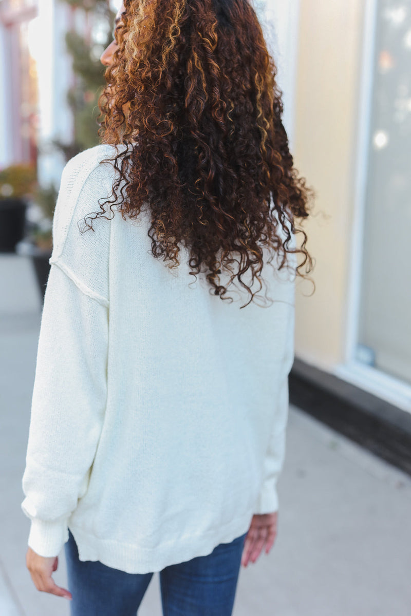 Lock Eyes Ivory Notched Neck With Patch Oversized Sweater