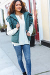 Feeling Festive Hunter Green Zipper Up Quilted Ruffle Sleeve Puffer Vest