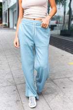 Weekend Ready Blue Grey Scuba Knit Drawstring Wide Leg Pants