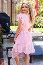 Beautiful You Blush Swiss Dot Asymmetric Tiered Smocked Lined Dress