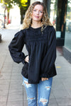 Be Your Best Black Satin Shirred Yoke Frilled Mock Neck Top