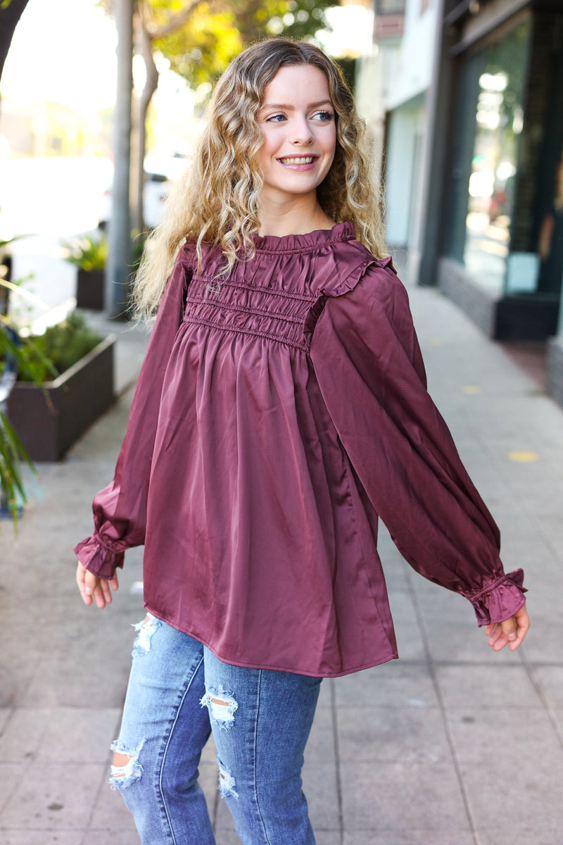 Be Your Best Wine Satin Shirred Yoke Frilled Mock Neck Top