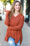 Casual Chic Rust Oversized V Neck Rib Knit Sweater