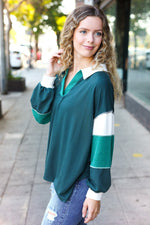 Falling For You Hunter Green Color Block Collared French Terry Top