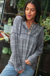 Grey Brushed Hacci Plaid Out Seam Button Down Top