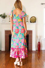 Vacay Vibes Blue Floral Print Sweetheart Twisted Neckline Maxi Dress