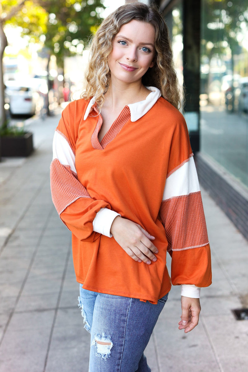 Falling For You Rust Color Block Collared French Terry Top