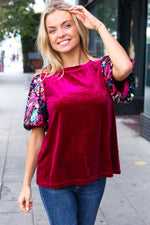 Diva Dreams Wine Floral Sequin Puff Sleeve Velvet Top