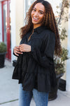 Perfectly You Black Button Down Tiered Babydoll Satin Top