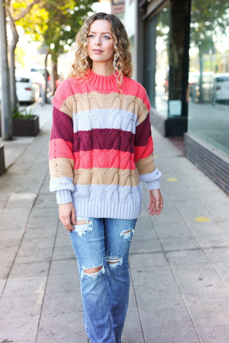 Fall For You Rust Multicolor Stripe Cable Knit Mock Neck Sweater