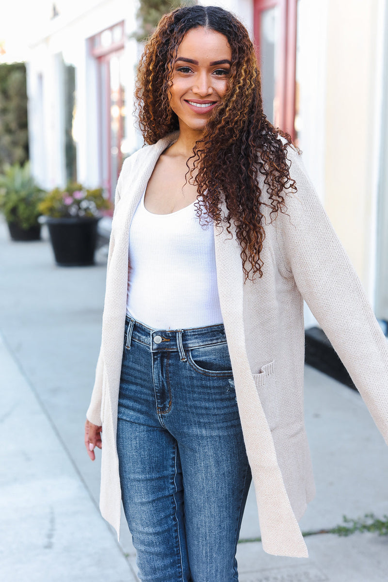 Taupe Open Sweater Cardigan Hoodie With Pockets