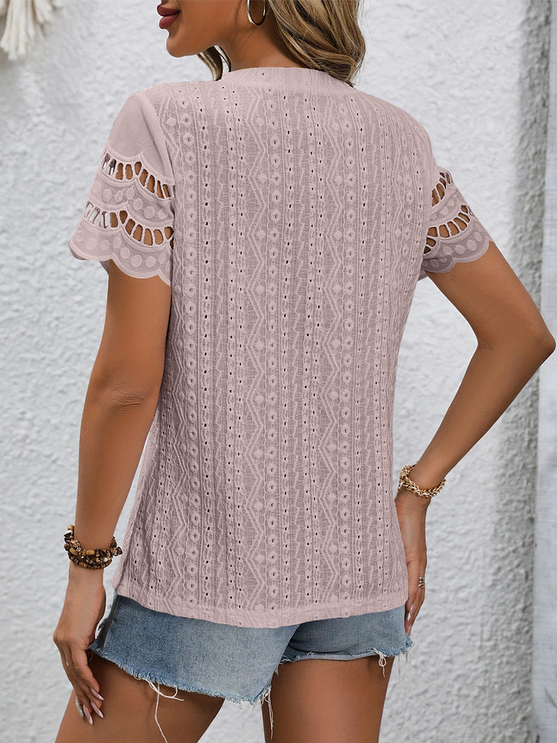 Full Size Eyelet Round Neck Short Sleeve Top