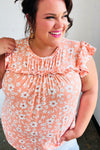 Peach Floral Print Frilled Short Sleeve Yoke Top