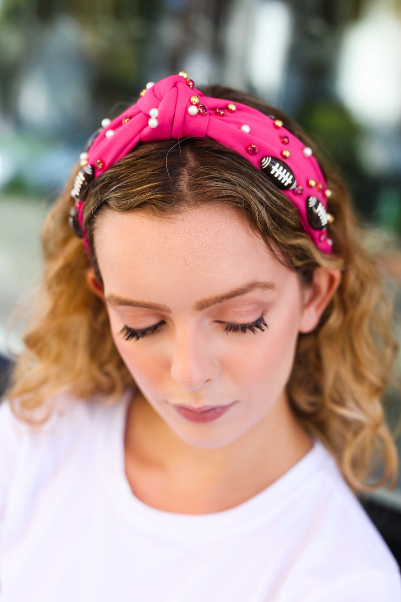 Fuchsia Stone & Gem Football Embellished Top Knot Headband