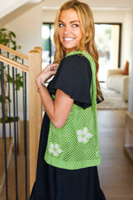 Green Floral Crochet Tote Bag