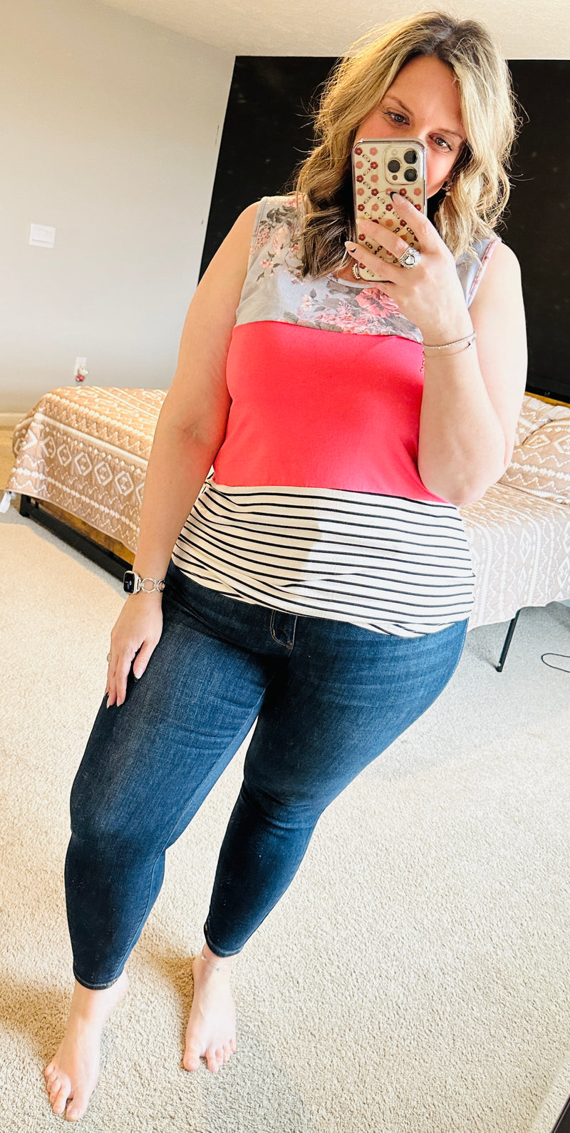 Floral Color Block Lace Detail Tank