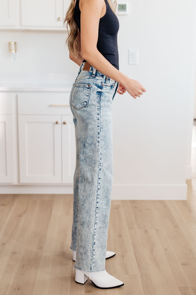 Judy Blue Dory High Waist Mineral Wash Raw Hem Wide Leg Jeans