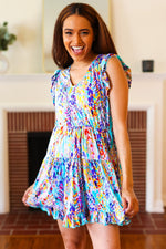 Just for Fun Aqua Floral V Neck Ruffle Sleeve & Hem Dress