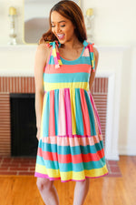 Start The Day Rainbow Stripe Shoulder Tie Tiered Dress