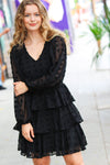 Holiday Vixen Black Chiffon Swiss Dot V Neck Tiered Ruffle Dress