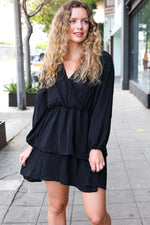 Falling In Love Black Surplice Tiered Woven Dress