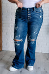 Judy Blue Gabriella Mid Rise Distressed Button Fly Flare Jeans