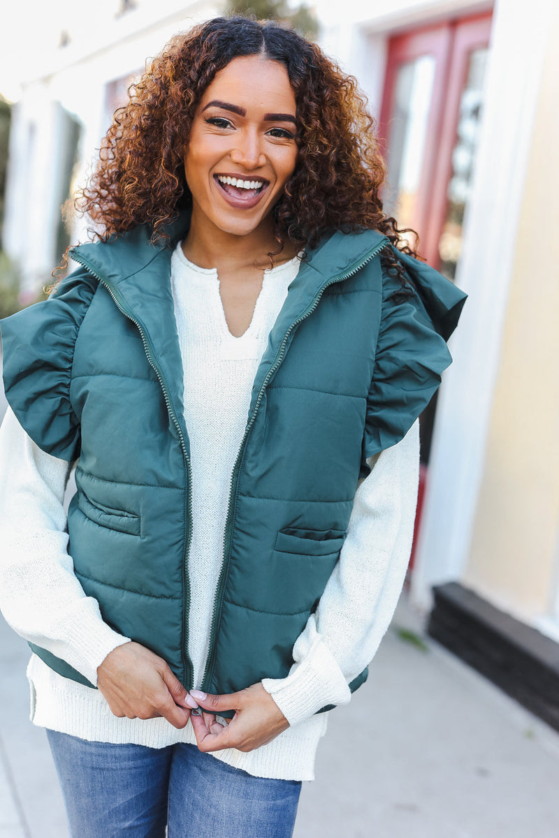 Feeling Festive Hunter Green Zipper Up Quilted Ruffle Sleeve Puffer Vest