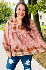 Under Your Spell Rust Plaid Color Block Notch Neck Top