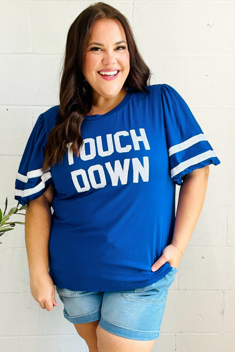 Stand Out Blue "TOUCHDOWN" Sequin Bubble Sleeve Game Day Top