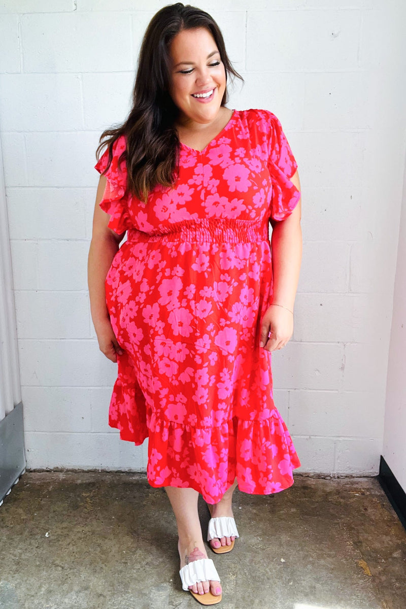 Remember Me Red & Pink Floral Print Smocked Waist Midi Dress