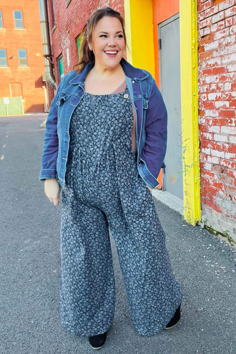 Feeling Femme' Charcoal Floral Print Baggy Overall Jumpsuit