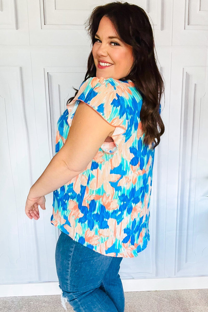 Tropical Breeze Turquoise Floral Banded V Neck Flutter Sleeve Top