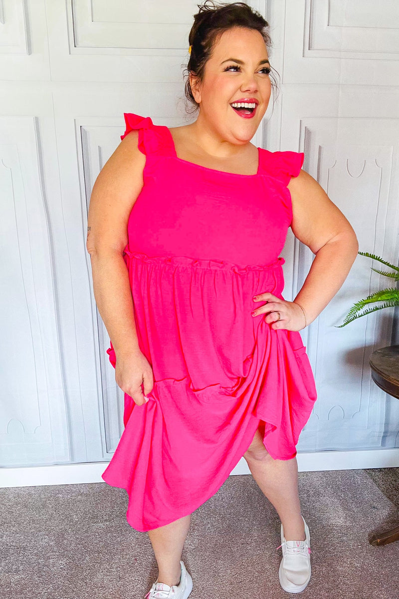 Lots To Love Fuchsia Smocked Flutter Sleeve Tiered Midi Dress