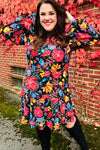 Lock Eyes Black Floral Sequin Print Ruffle Sleeve Frill Mock Neck Dress