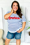 America Proud Blue Striped Embroidered Puff Sleeve Top