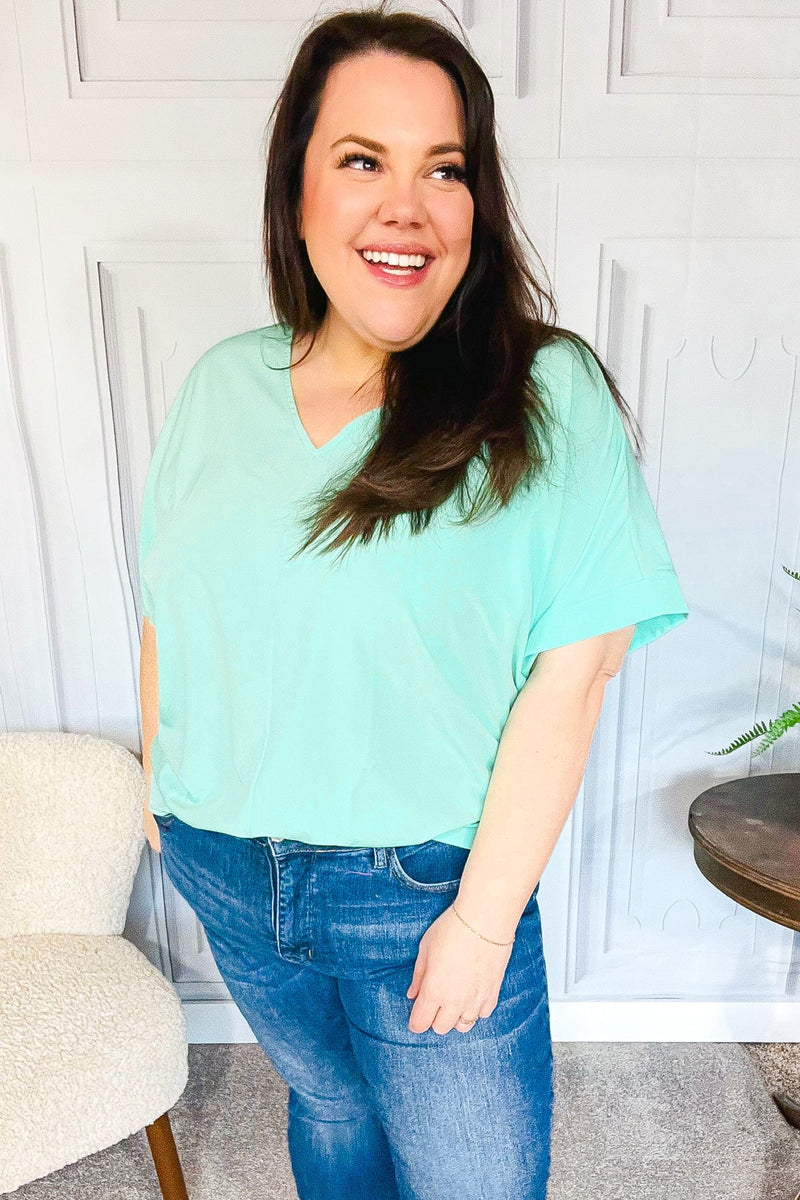 Weekend Ready Mint Drop Shoulder V Neck Woven Top