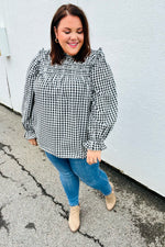 Black Gingham Shirred Yoke Mock Neck Frilled Top