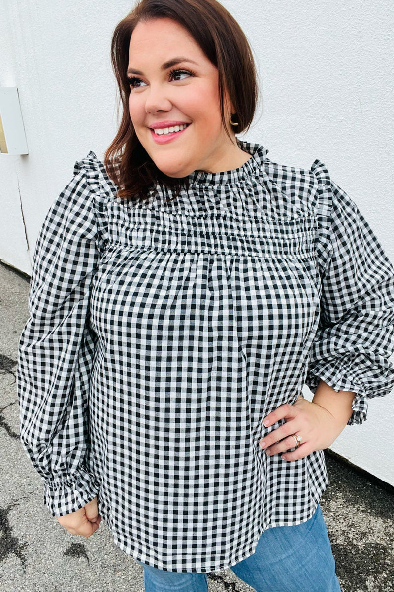 Black Gingham Shirred Yoke Mock Neck Frilled Top