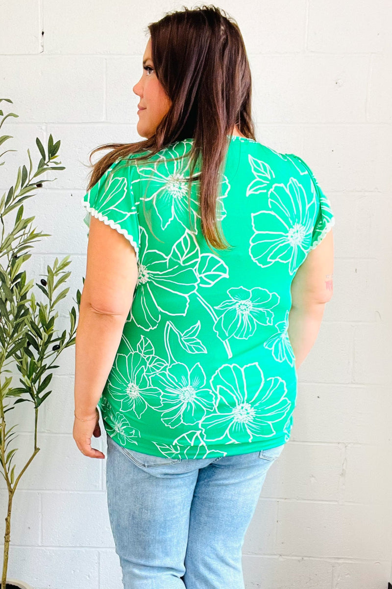 Follow Me Emerald Floral Ric Rac Trim Flutter Sleeve Top