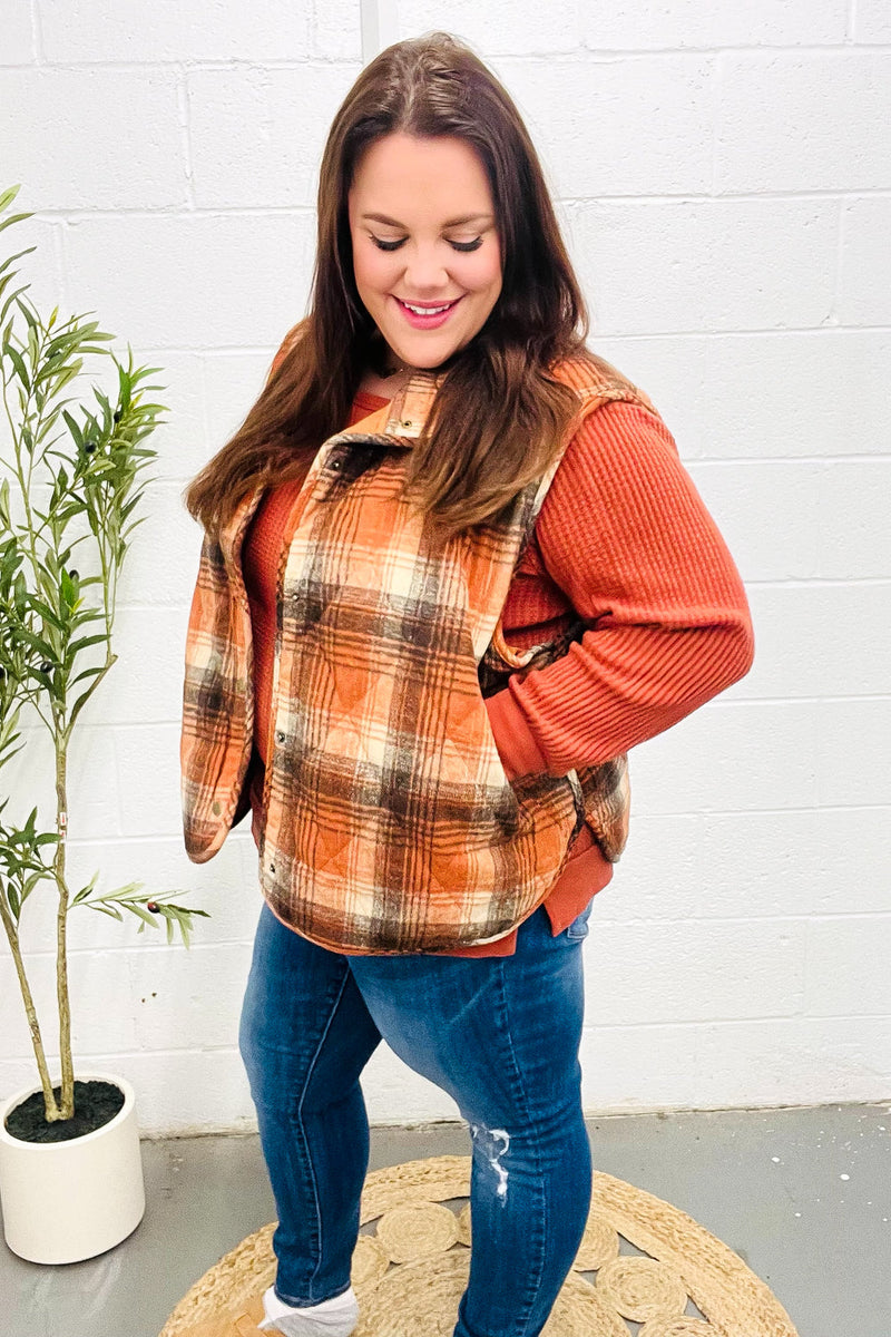 Put Together Rust Taupe Plaid Snap Button Quilted Puffer Vest