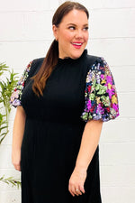 Black Floral Sequin Puff Sleeve Mock Neck Tiered Maxi Dress