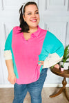 Stand Out Hot Pink & Mint V Neck Collared Terry Color Block Top