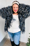 Dazzling Black & Multicolor Fuzzy Fringe Knit Cardigan