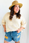 Feel Charming Oatmeal Floral Netted Crochet 3/4 Sleeve Sweater Top